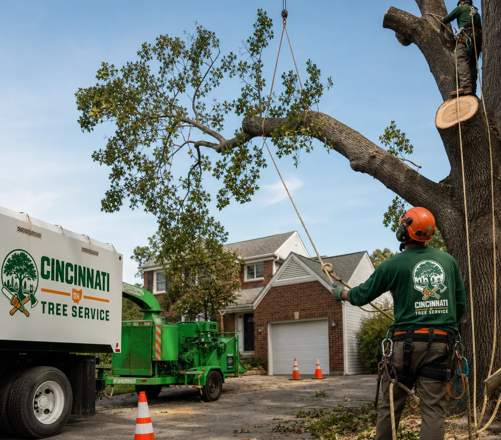 Tree crew using controlled rigging to remove a large limb over a Cincinnati residential driveway