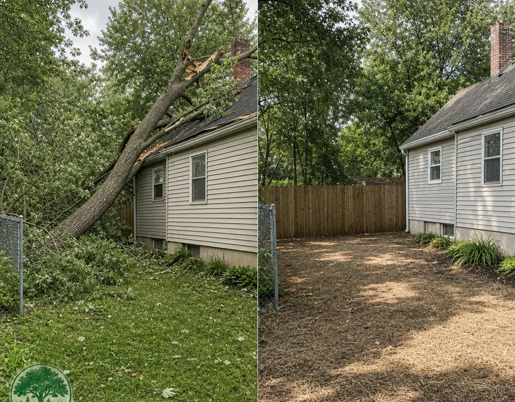 Before and after view of a damaged tree leaning toward a house and the same yard cleared and raked after removal
