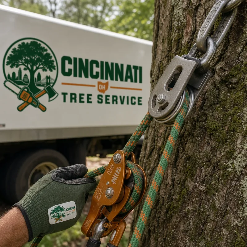 Rigging hardware, rope, pulley, and friction device set on a tree trunk for controlled lowering