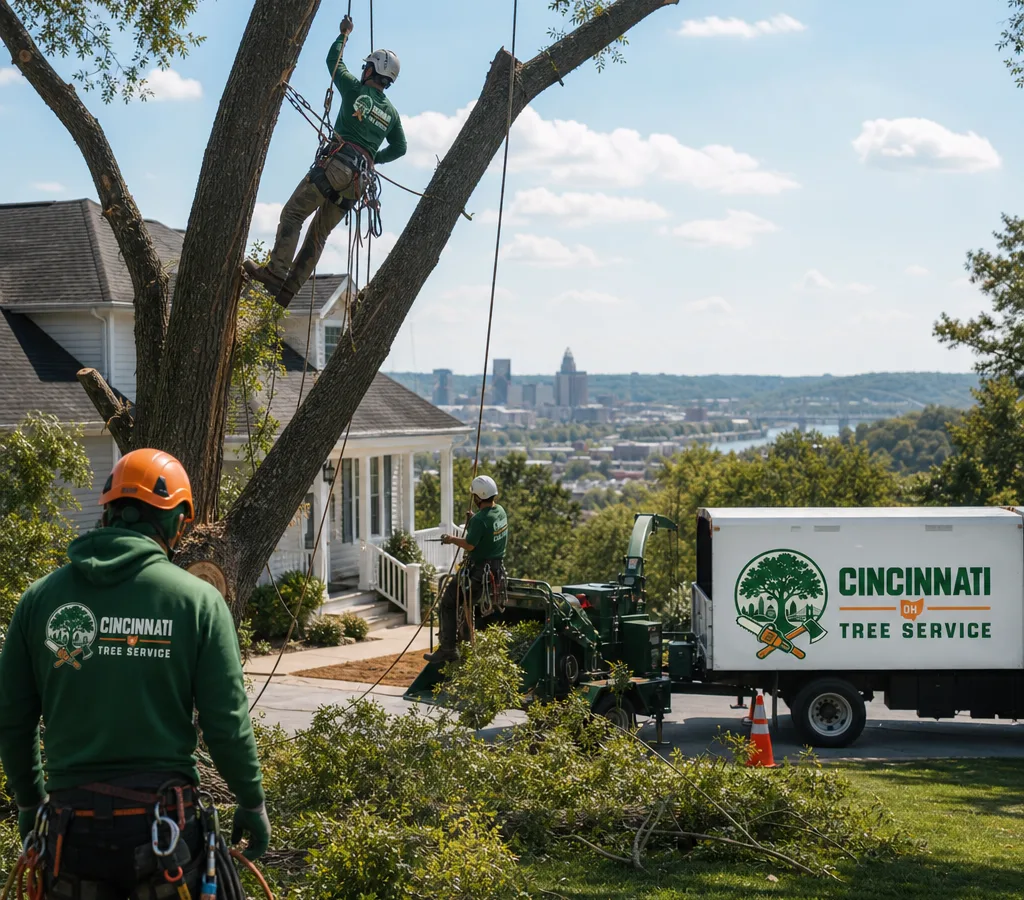 Professional tree crew rigging large limbs near a Cincinnati house with safety helmets and a chipper truck staged nearby