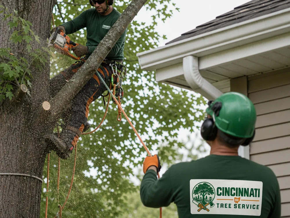 Climber making a controlled cut while a ground worker manages a rigging line beside a nearby roof and gutter