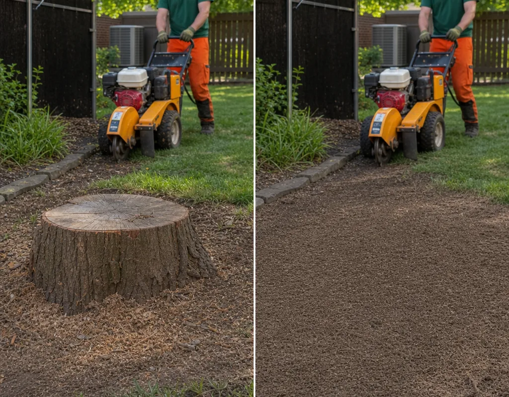 Before-and-after pair of the same Cincinnati backyard area showing a cut stump and the leveled area after grinding