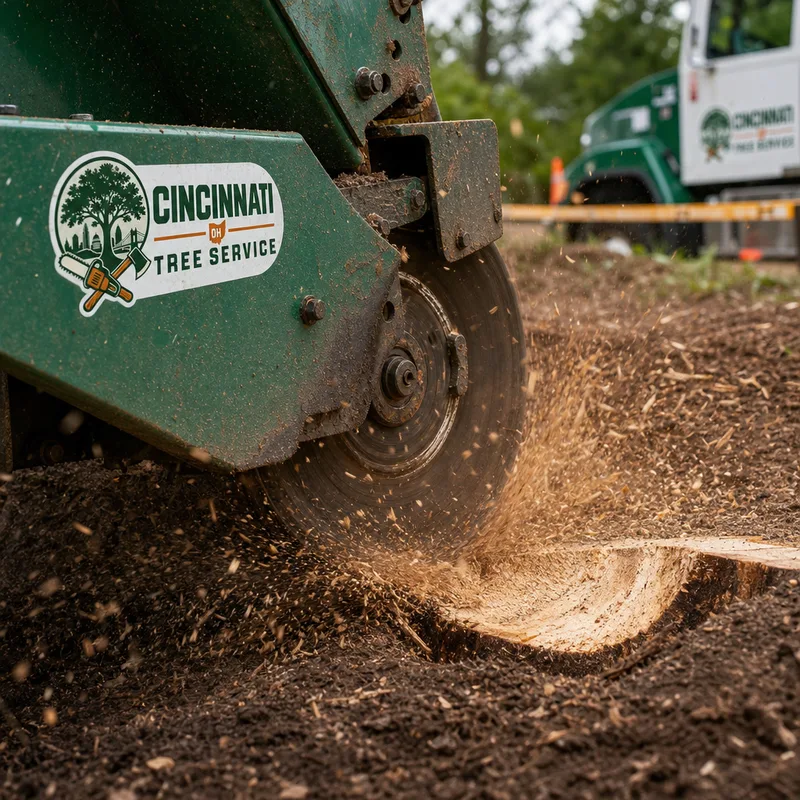 Close-up of a stump grinder wheel in action producing wood chips, with the stump partially ground down below soil level