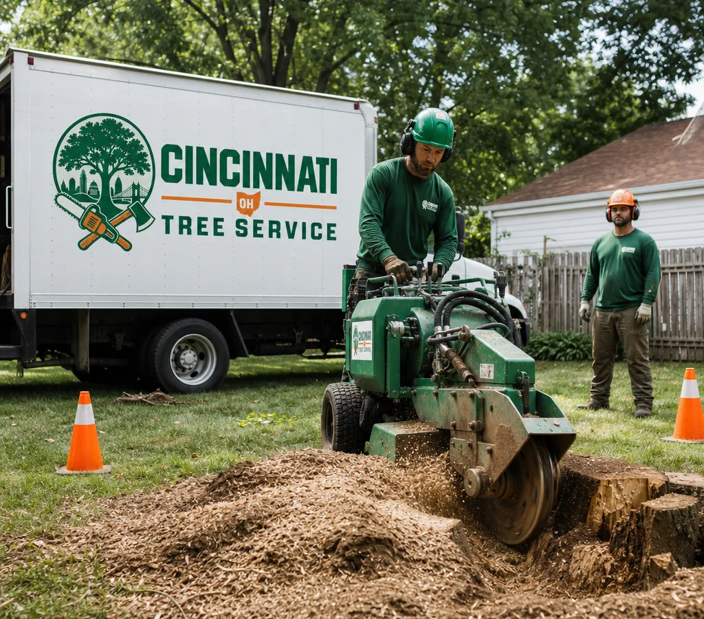 Crew grinding a medium backyard stump with a stump grinder in a Cincinnati residential yard, with safety cones and mulch pile visible