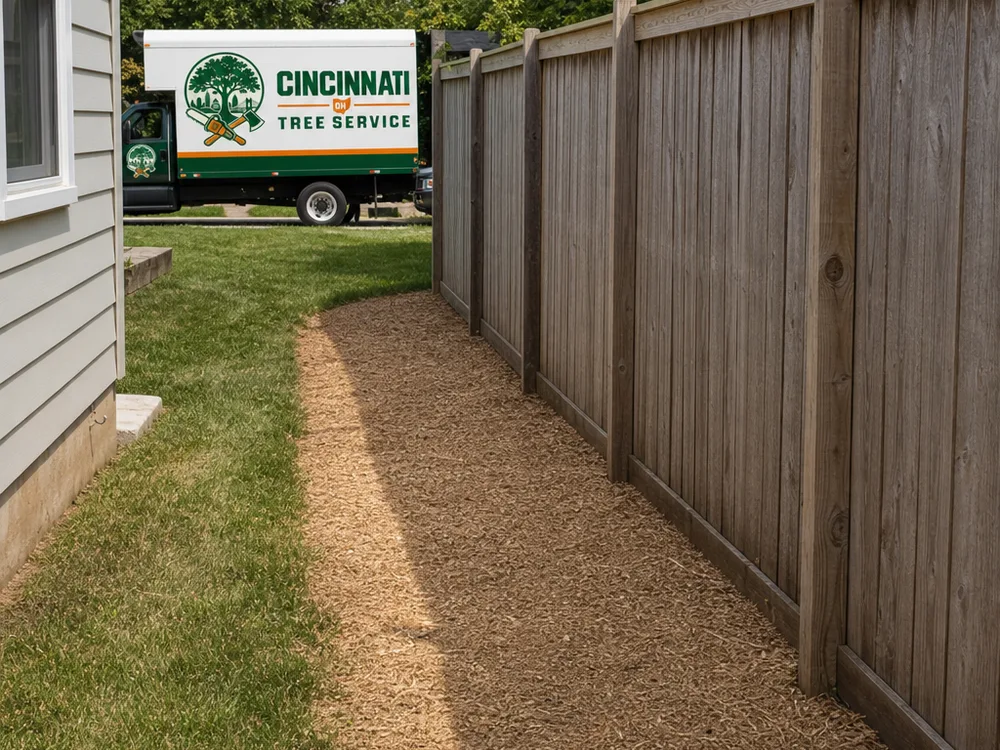 Clean leveled stump grind area beside a fence line with chips contained and surrounding grass intact
