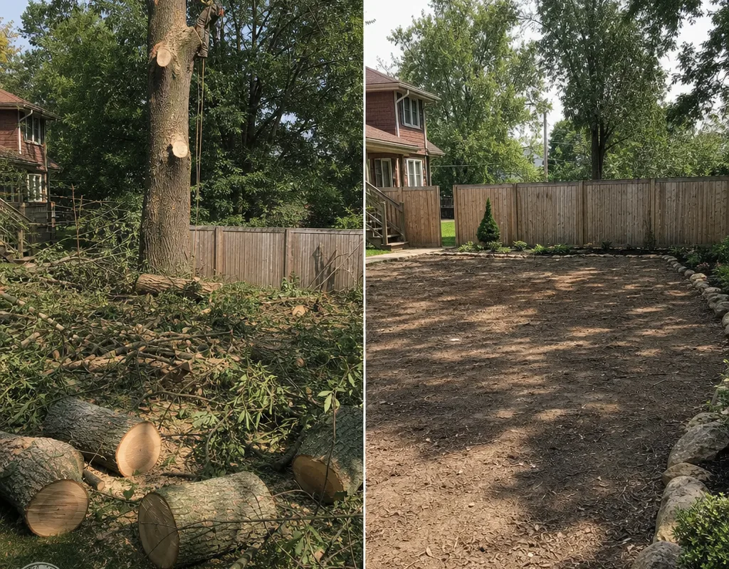 Before-and-after view of a large backyard tree removed in sections, showing the area cleared and debris fully cleaned up