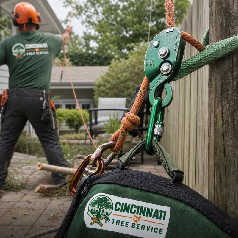 Close-up of rigging gear and lowering line setup used to control limb descent near a fence and patio
