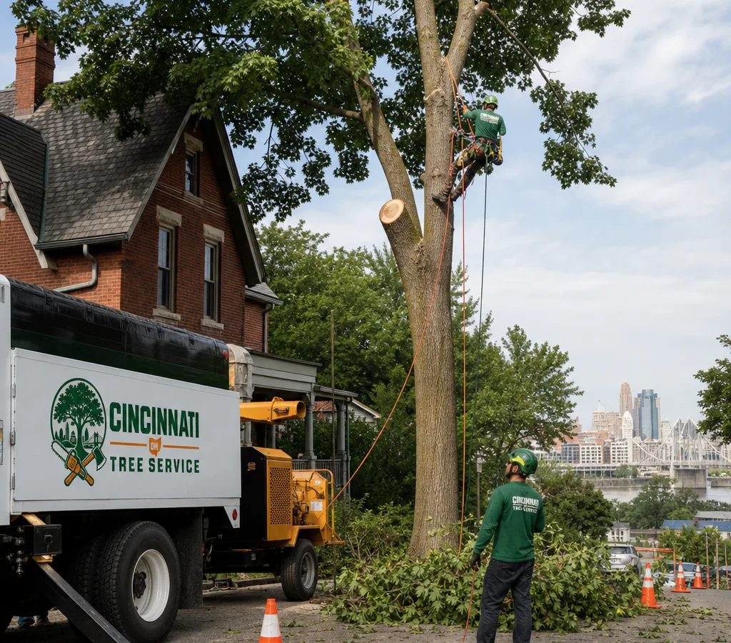 Crew performing a controlled tree cut with rigging lines near a Cincinnati home, with cones set and brush staged for cleanup