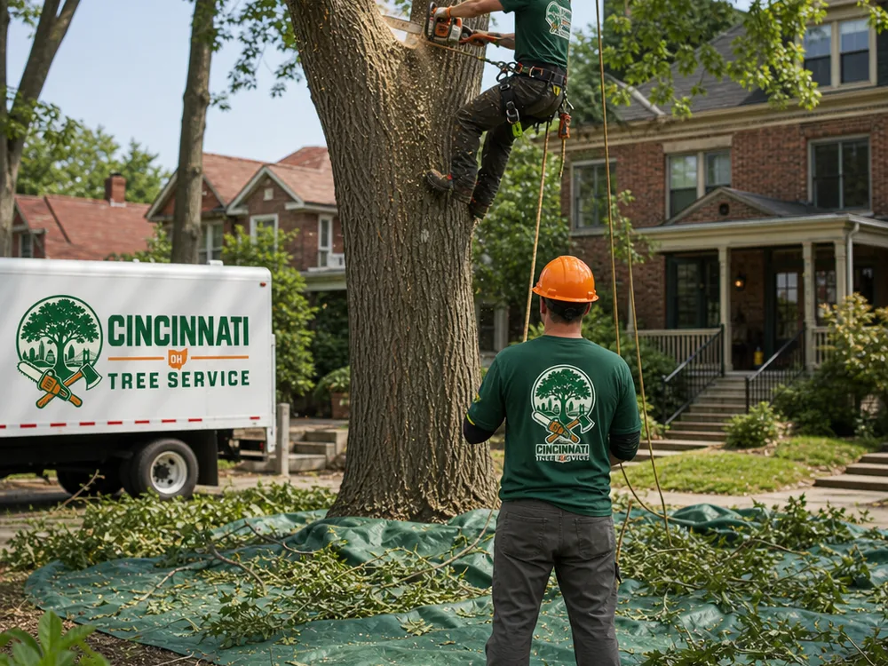 Arborist in a harness making a small controlled cut while a ground worker manages a lowering rope, with a clear landing zone tarped for debris