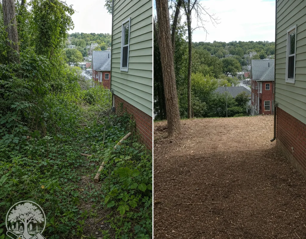 Before-and-after pair showing an overgrown Cincinnati side lot with vines and brush, then the same view cleared to a clean, walkable grade with debris removed