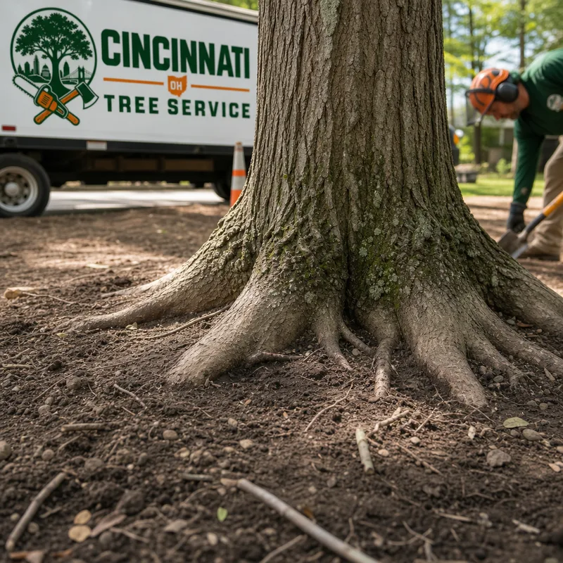 Close-up of selective clearing around a preserved mature tree showing an undisturbed root zone and minimal ground disruption