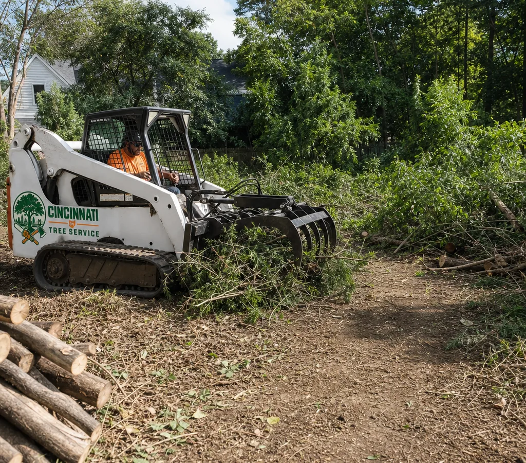 A Cincinnati crew clearing dense brush at the edge of a residential lot with a compact track loader and grapple, with a clean access path and stacked debris visible