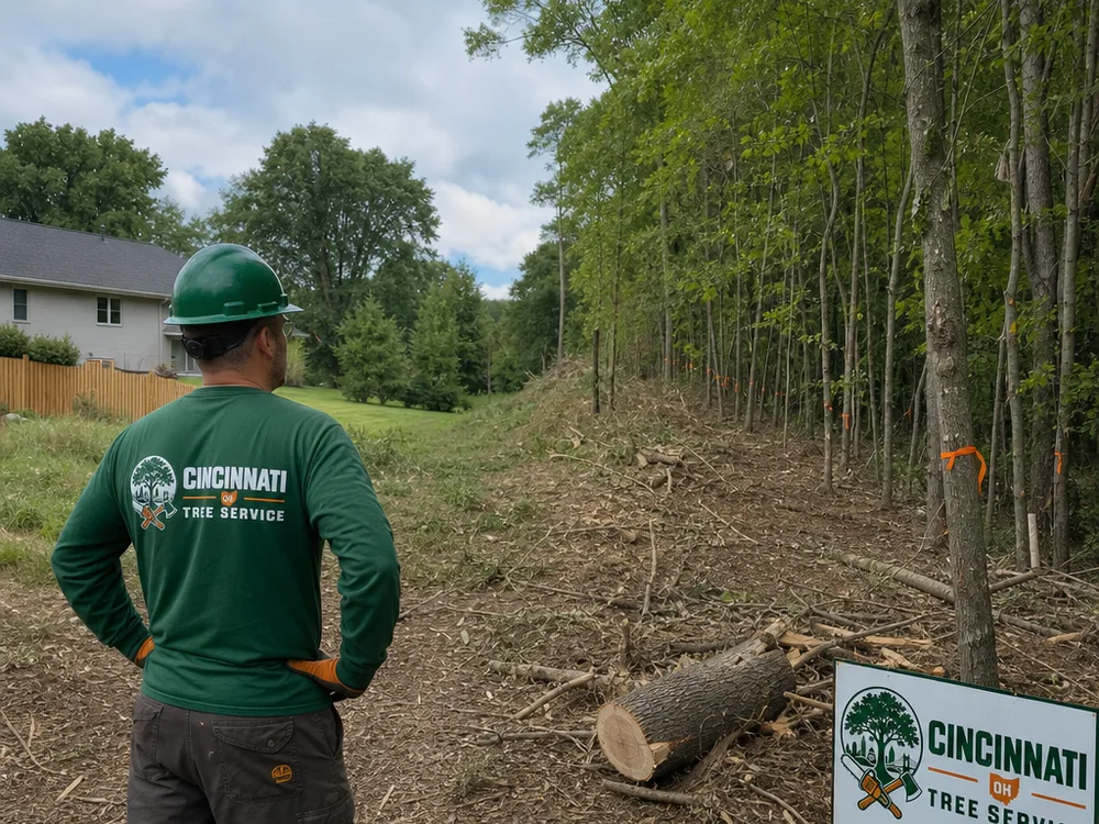 Close view of a cleared lot edge showing a defined cut line, protected remaining trees, and staged brush piles ready for loading in a Cincinnati residential setting