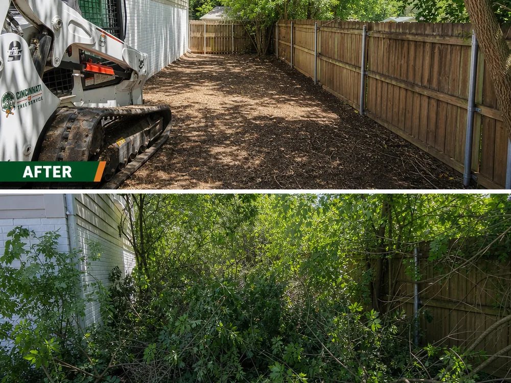 A cleared fence line with brush removed and a defined edge, leaving room for repairs or a new fence install