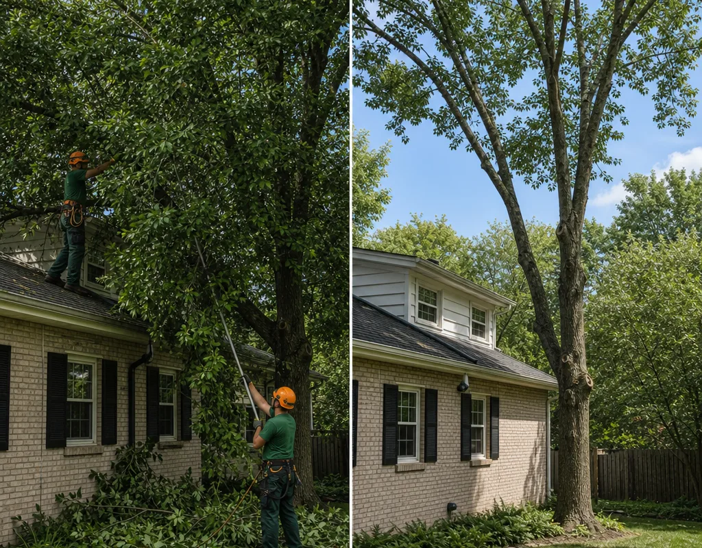 Before and after view of a mature backyard tree with dense growth and restored roof clearance after pruning