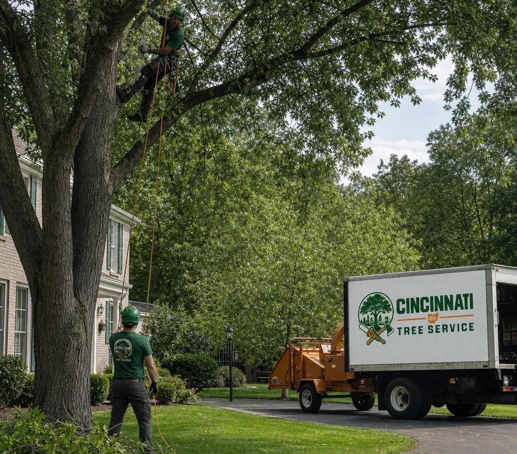 Arborist crew performing careful crown cleaning and selective pruning on a mature shade tree in a Cincinnati residential yard