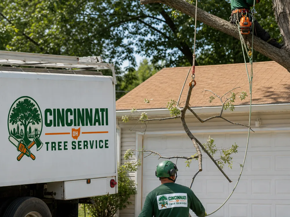 Technician performing deadwood removal over a driveway while a ground worker guides a lowered limb
