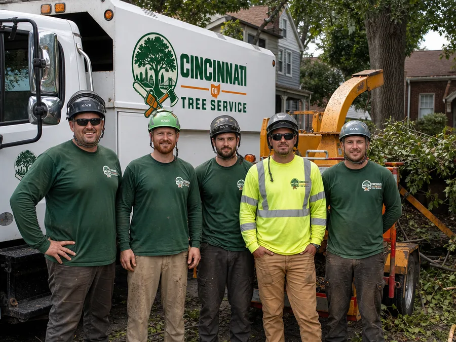 Cincinnati tree crew in safety equipment beside their truck and chipper